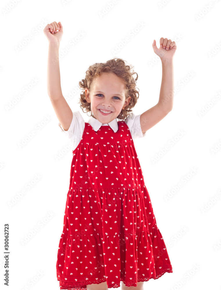 little girl wearing a red dress with her hands in the air little girl wearing a red dress with her hands in the air