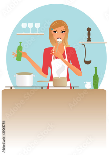 Young blond woman in the kitchen preparing dinner