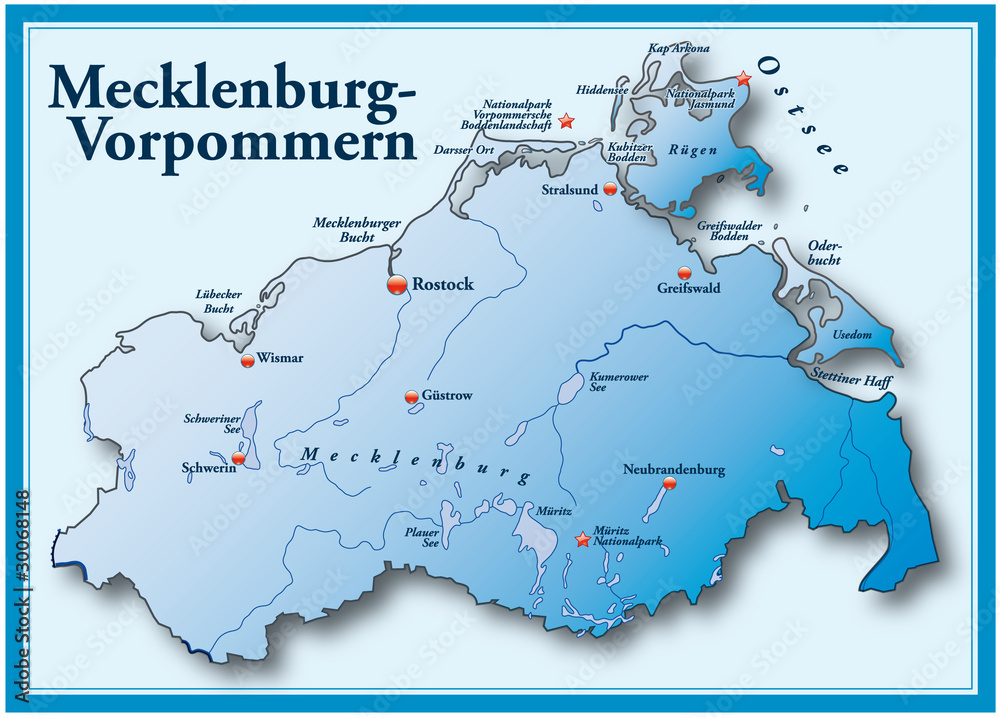 Mecklenburg-Vorpommern Übersicht blau mit Rahmen