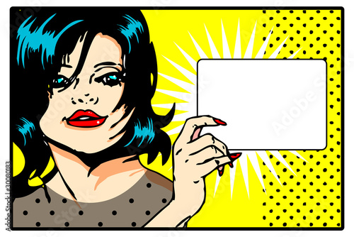 Pop art comic Love Vector of surprised woman face with blank in