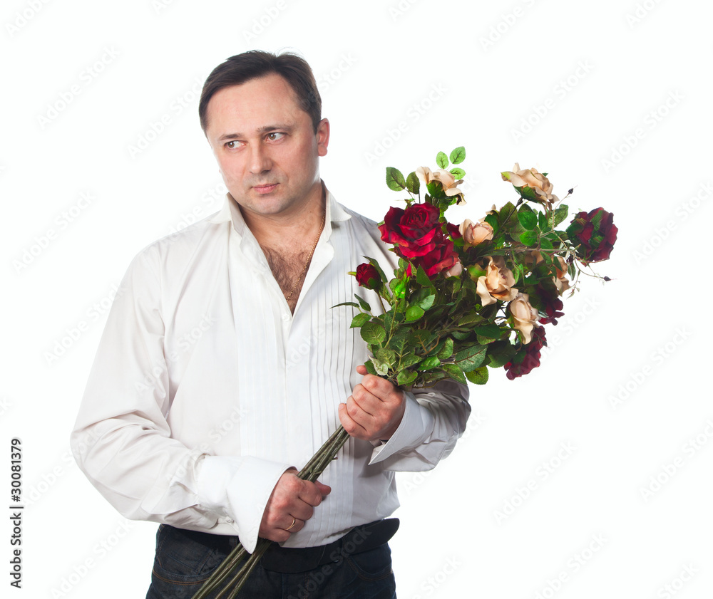 A man with a bouquet of roses