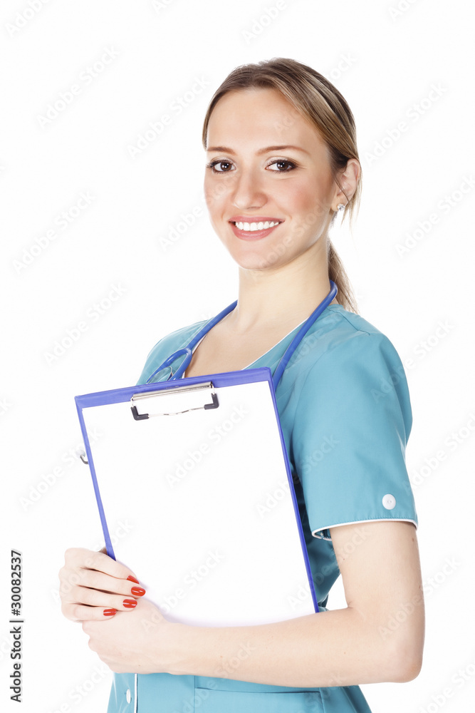 Smiling female doctor holding a clipboard Smiling female doctor holding a clipboard