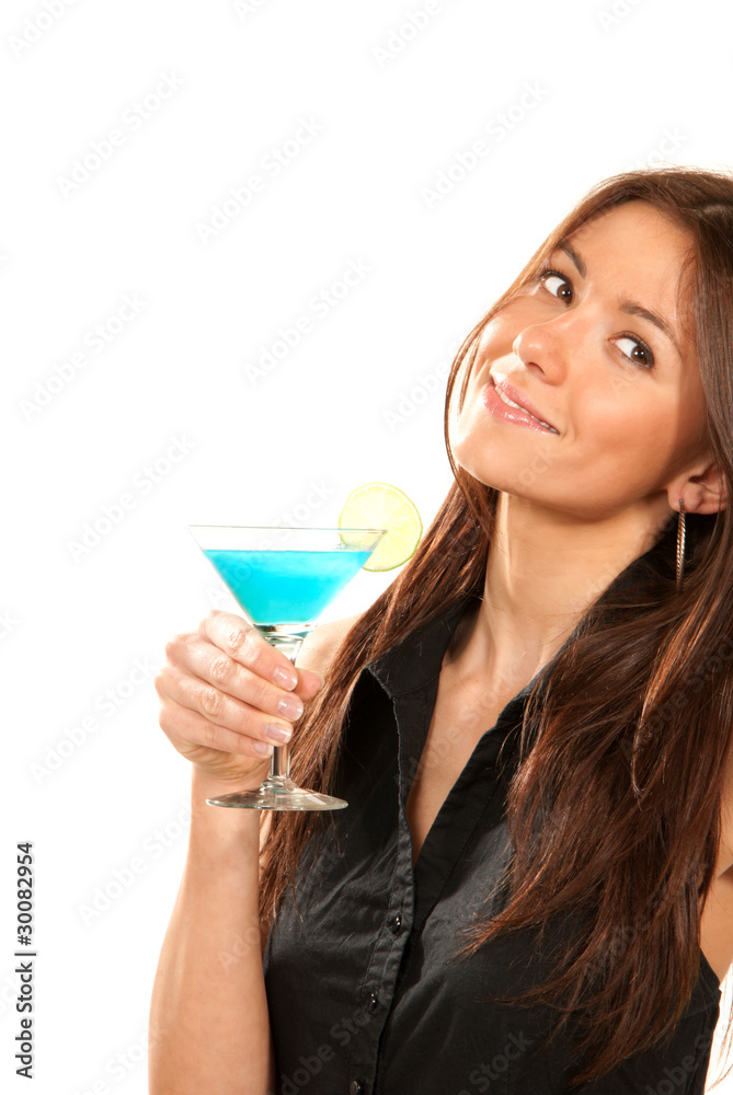 Lady holding popular blue tropical martini cocktail drink Lady holding popular blue tropical martini cocktail drink