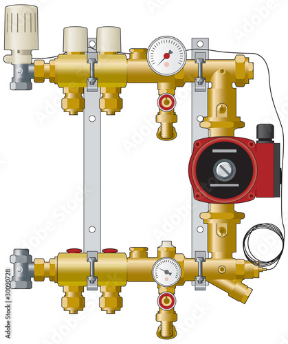 Heating manifold, pump and valves