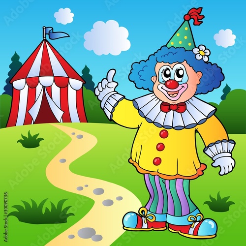 Funny clown with circus tent