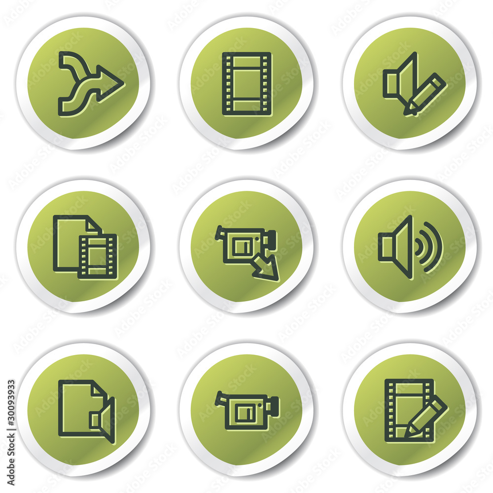 Audio video edit web icons, green circle stickers Audio video edit web icons, green circle stickers