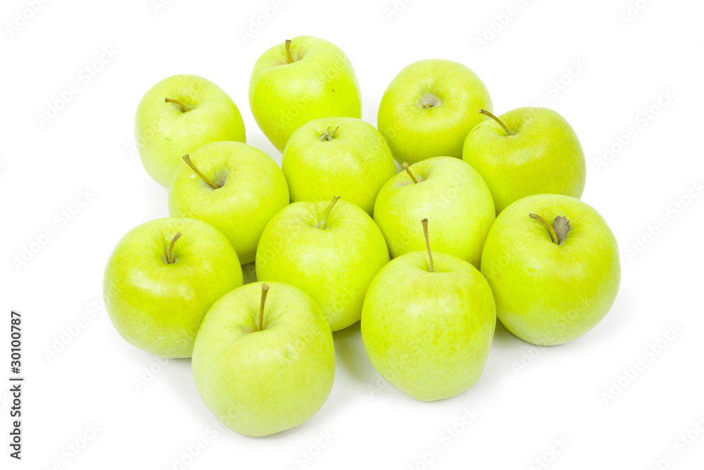 Green and yellow apples on a white baclground Green and yellow apples on a white baclground