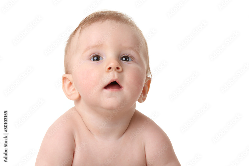 Little surprised baby looking up isolated on white background Little surprised baby looking up isolated on white background