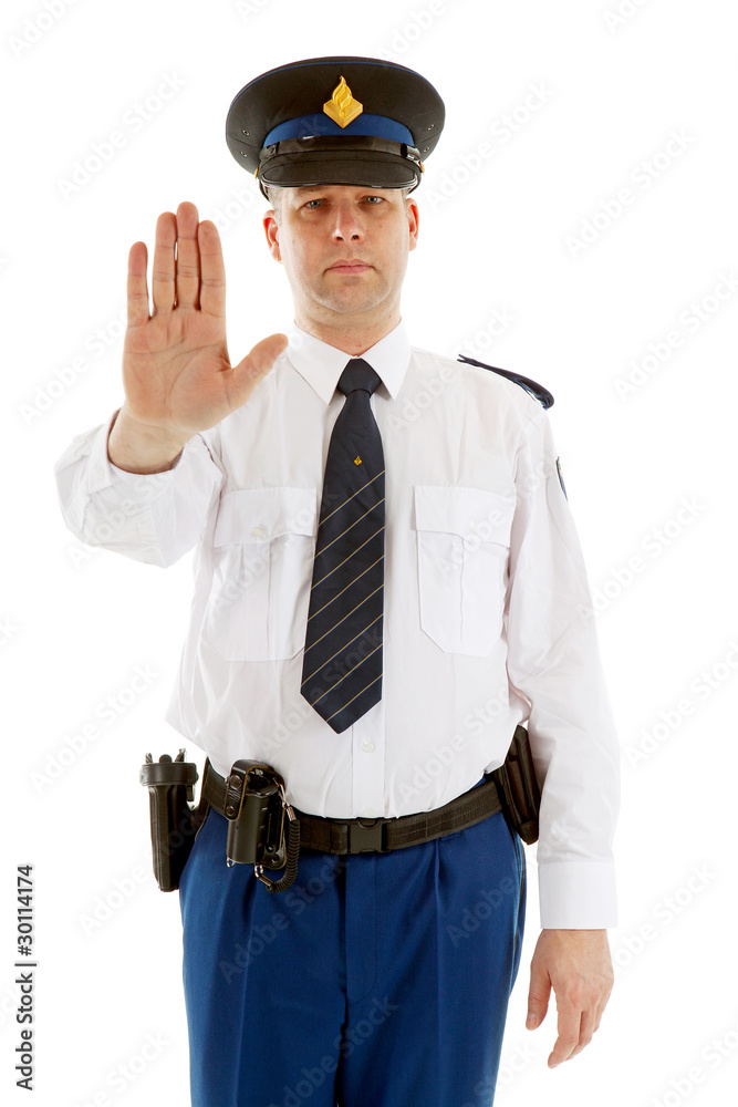 Dutch police officer making stop sign with hand Dutch police officer making stop sign with hand