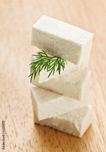 Feta cheese cubes with dill twig