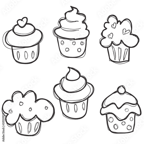 hand drawn cupcake set, vector illustration