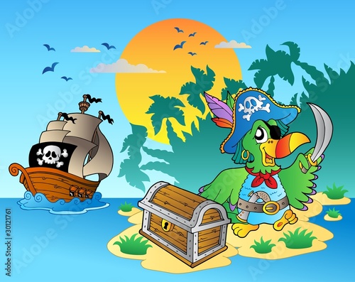 Pirate parrot and chest on island