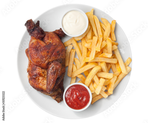 Half roasted chicken and french fries