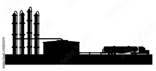 Petroleum refinery with tank truck vector