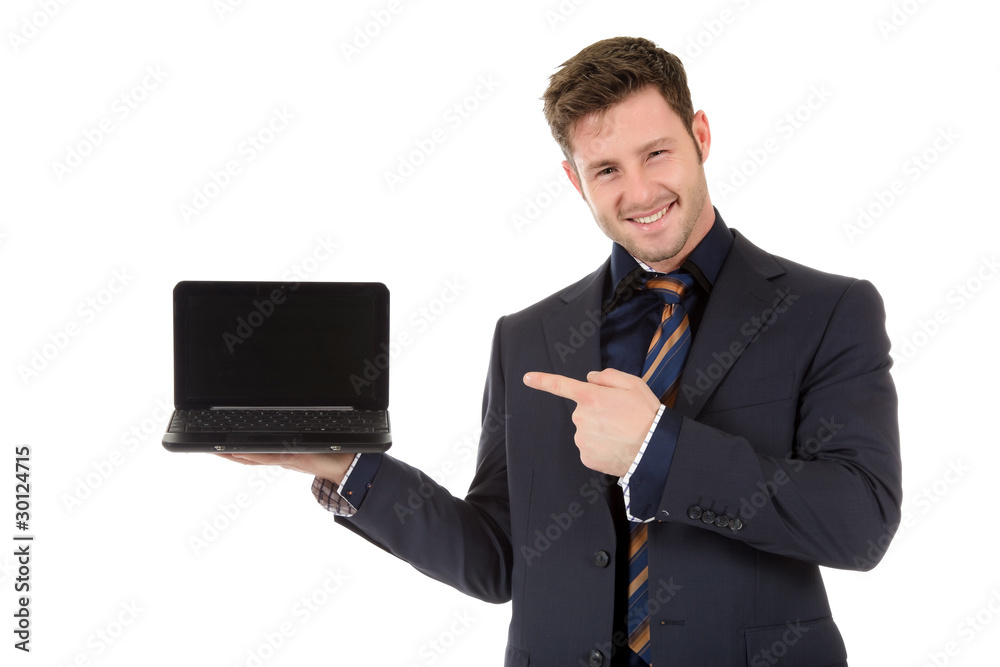 Attractive businessman pointing, laptop Attractive businessman pointing, laptop