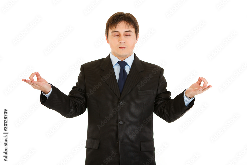 Meditating modern business woman isolated on white. Meditating modern business woman isolated on white.