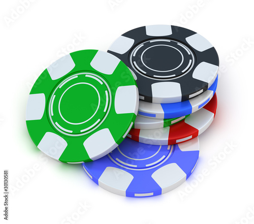 Poker gambling chips in pile top view isolated on white