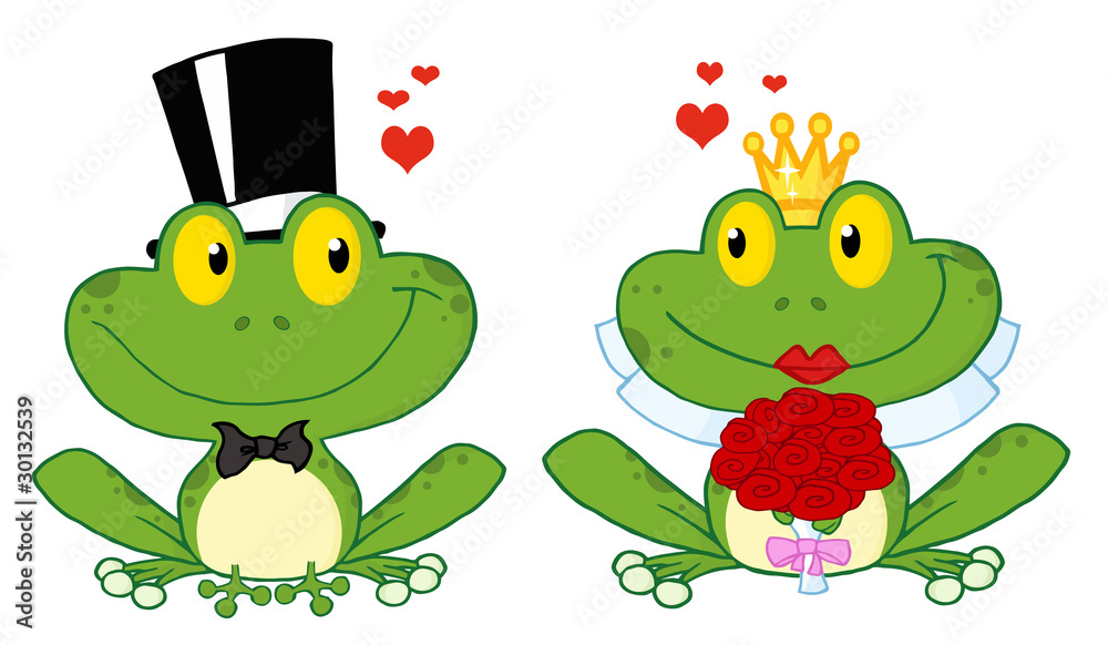 Obraz premium Bride and Groom Frogs Cartoon Characters On A Leafs