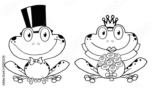 Outlined Bride and Groom Frogs Cartoon Characters