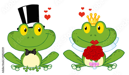 Bride and Groom Frogs Cartoon Characters On A Leafs