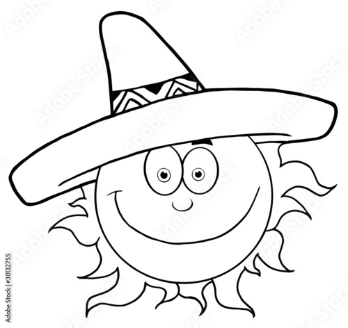 Outlined Smiling Sun With Sombrero Hat
