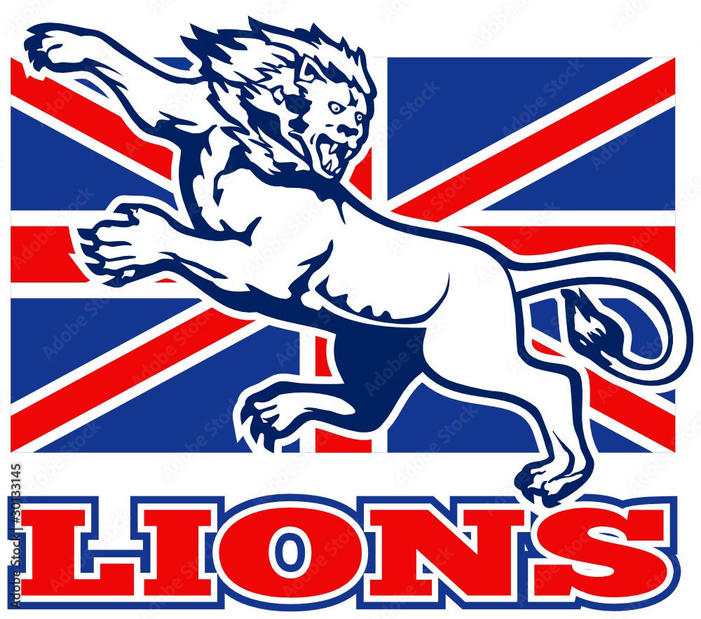 Fototapeta premium Lion attacking GB British Great Britian union jack flag