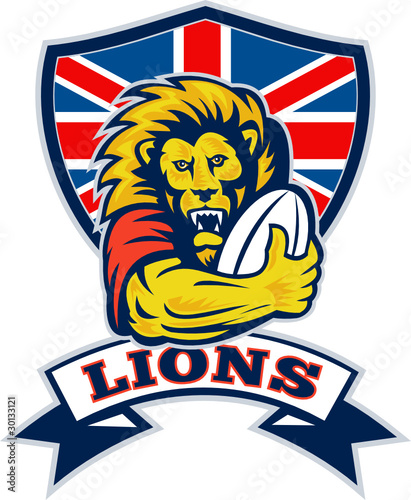 Lion playing rugby with ball Union Jack shield