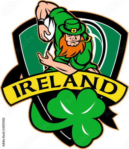Irish leprechaun rugby player ball shamrock