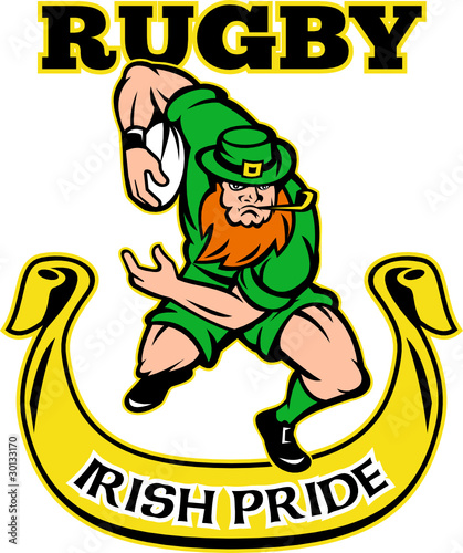 Irish leprechaun rugby player running ball
