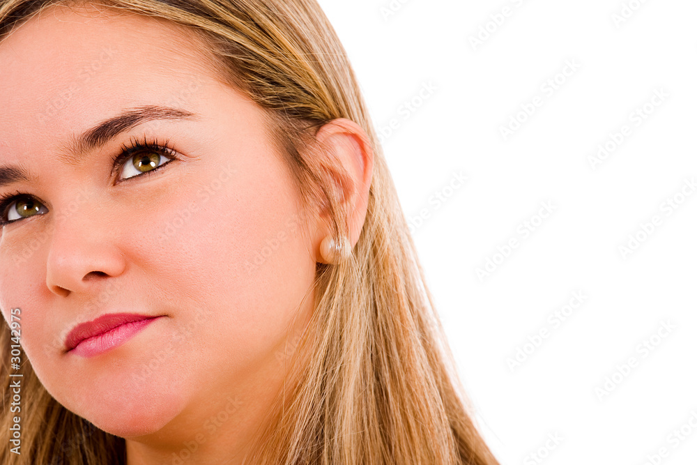 Close up of a young beautiful woman portrait, isolated on white Close up of a young beautiful woman portrait, isolated on white