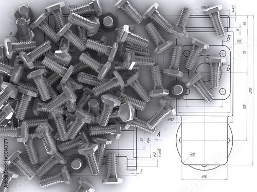 lot of bolts against engineering drawings