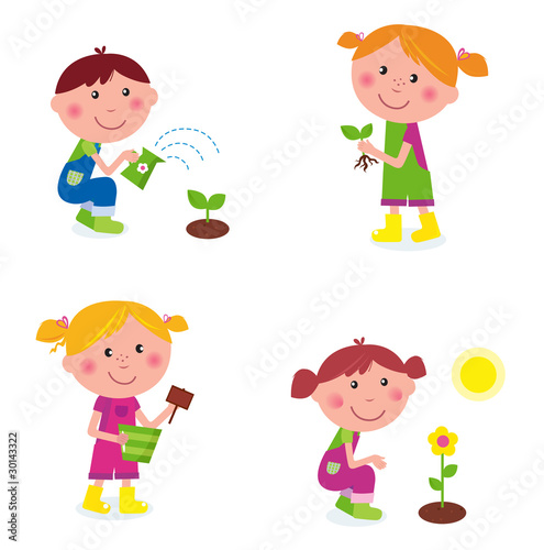 Gardening children collection isolated on white. VECTOR