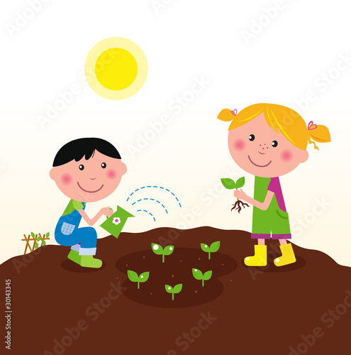 Two happy kids watering and planting plants in the garden