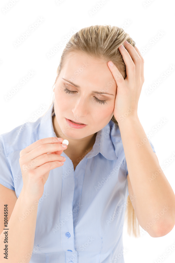 Young woman with headache, migraine take pill Young woman with headache, migraine take pill
