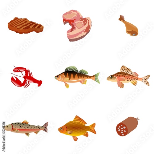 Set of meat and fish food. Vector