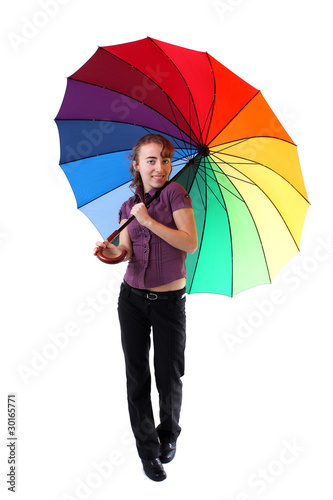 Smiling woman with colorful umbrella