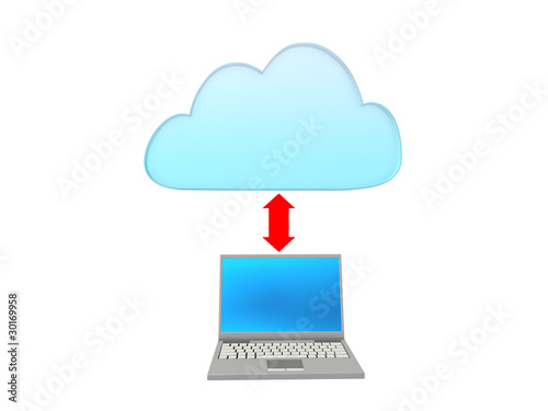 Cloud computing with a notebook and red arrow