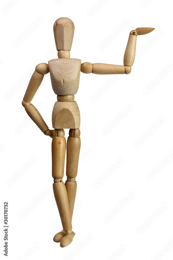 Wooden mannequin using one hand to support isolated on white Wooden mannequin using one hand to support isolated on white