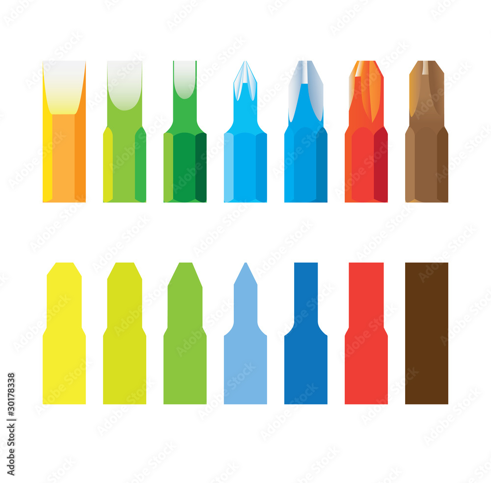 Screw-drivers bit in line isolated - illustration Screw-drivers bit in line isolated - illustration