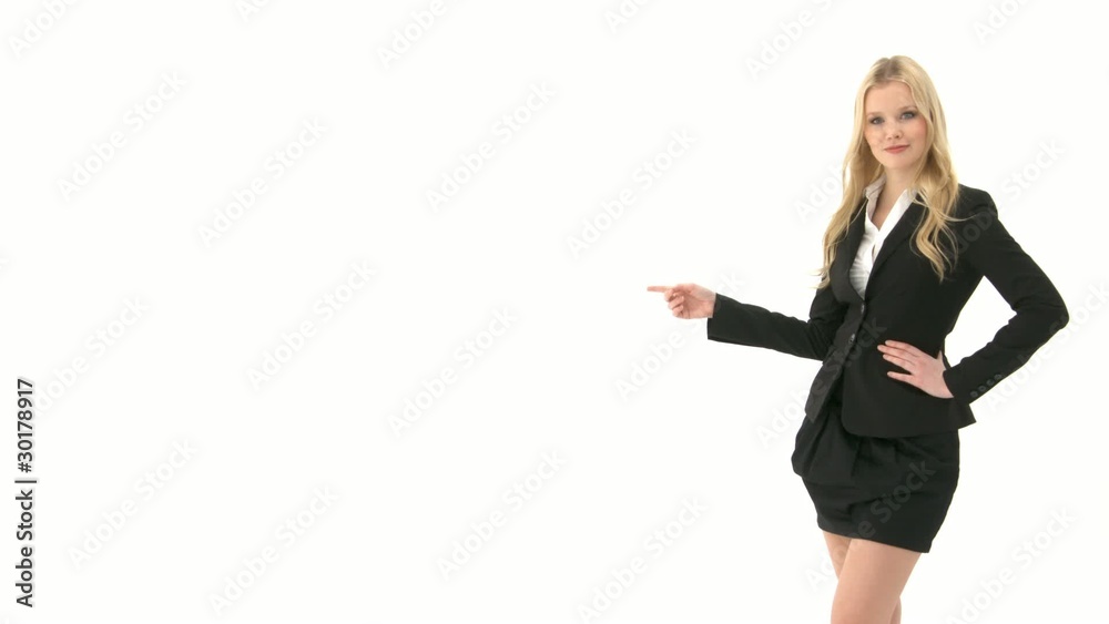 Woman points at copyspace