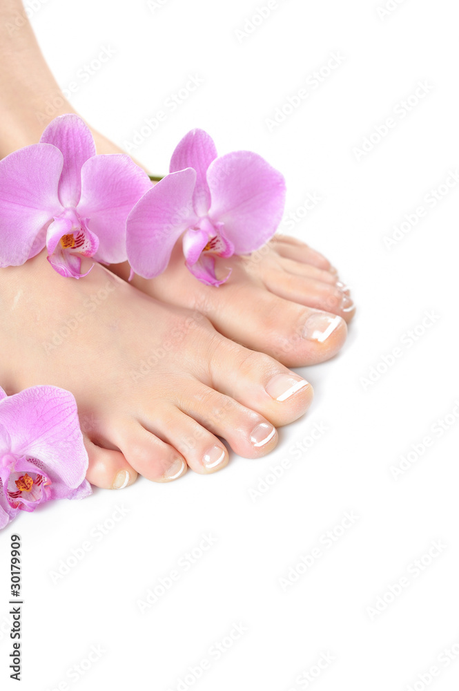 Beautiful feet with perfect spa french nail pedicure.isolated