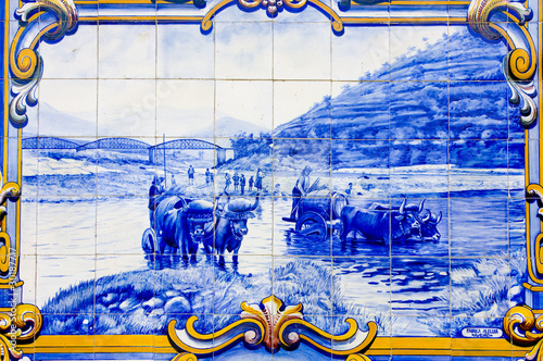 tiles (azulejos) at railway station of Pinhao, Douro Valley, Por photo
