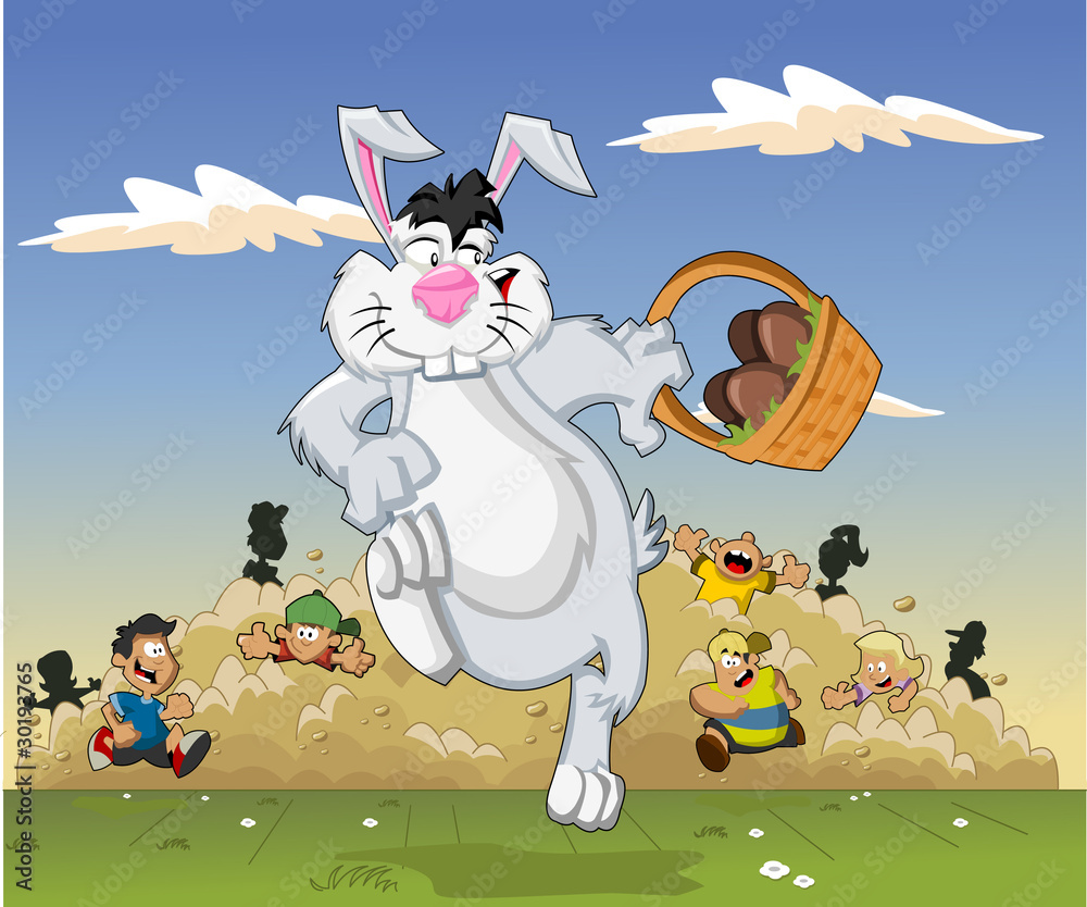 Cartoon easter bunny running from kids Stock Vector | Adobe Stock