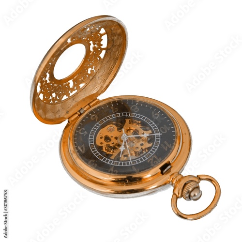 Gold pocket watch on a plain white background.