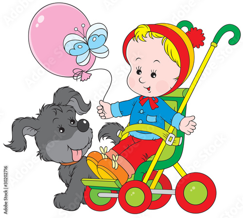 Toddler in a pram and funny pup