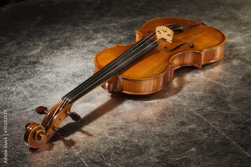 Fototapeta premium Old violin on a silver fabric