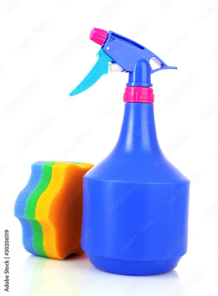 Bottle sprayer and sponge for cleaning on white Bottle sprayer and sponge for cleaning on white