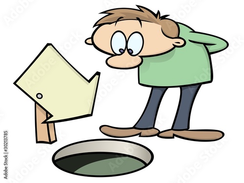 Cartoon character looking down a hole in the ground