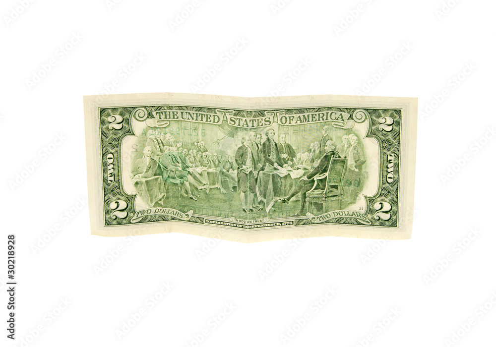 two dollars on a white background, the reverse side. two dollars on a white background, the reverse side.