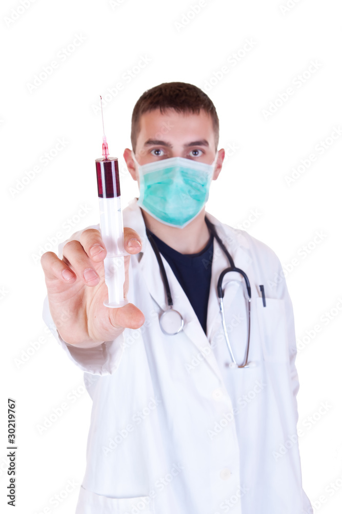 Doctor  with blood sample in a syringe needle